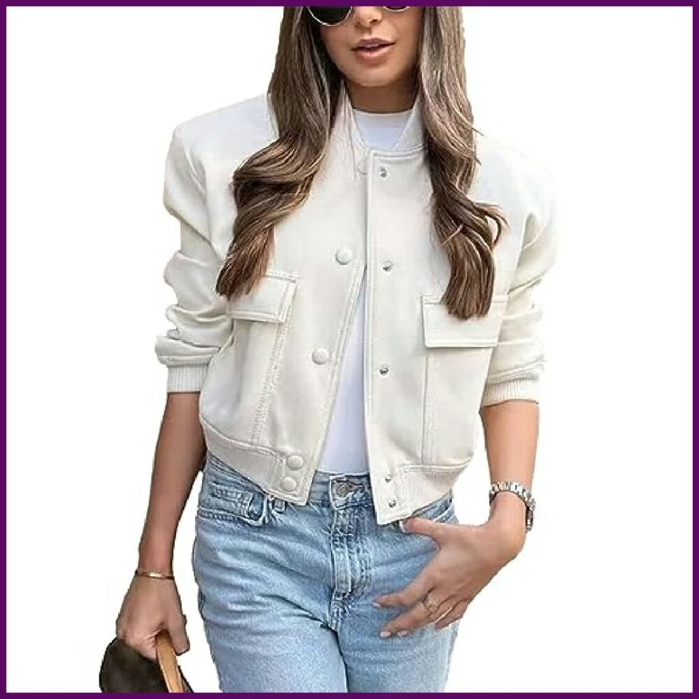 Cropped Bomber Jacket Button Down Varsity Shacket… - image 2